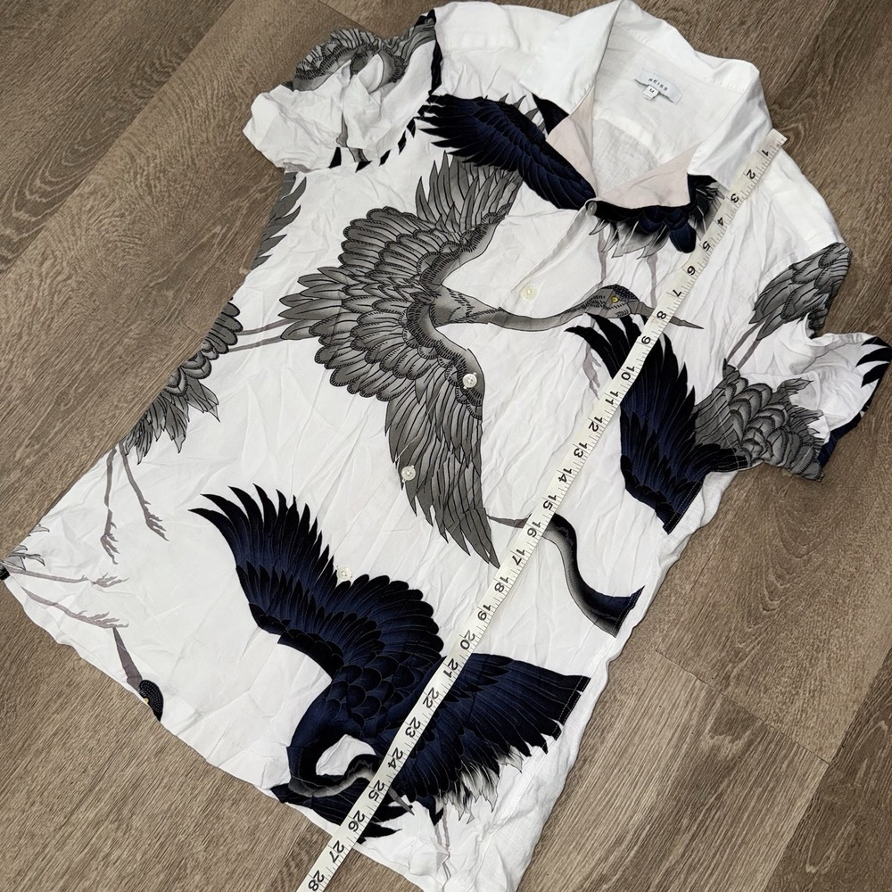 Reiss The Gigi Printed Viscose Short Sleeve Camp Collar Shirt Men M White Cranes - Picture 4 of 6